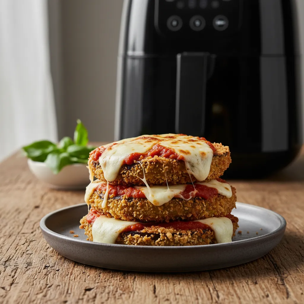 Crispy panko-breaded eggplant parmesan rounds topped with melted mozzarella and marinara on a matte plate.