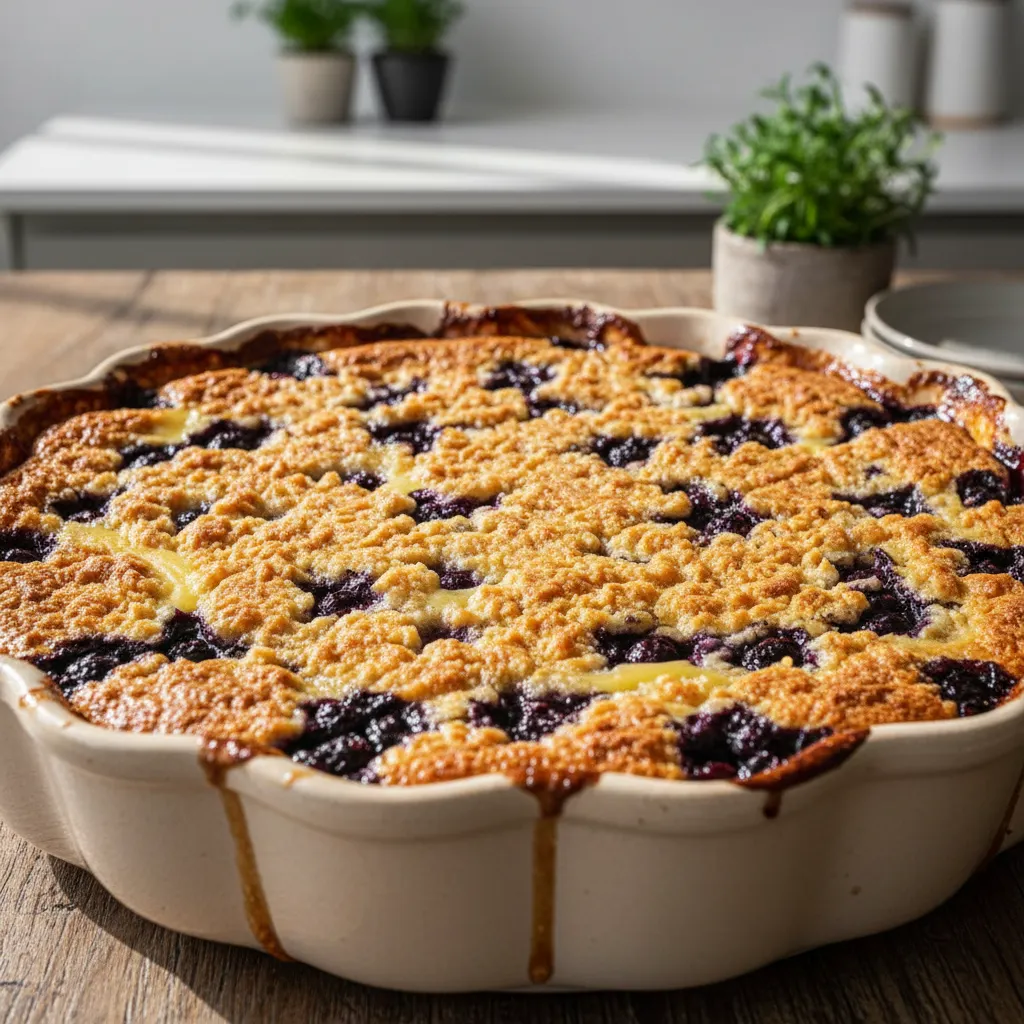 Close up texture of baked lemon blueberry cheesecake dump cake with golden crust
