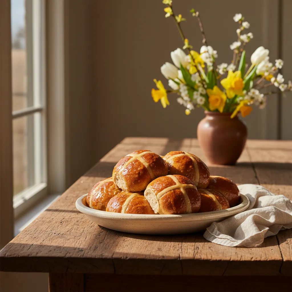 Golden hot cross buns with apricot glaze arranged on a ceramic platter with linen napkins