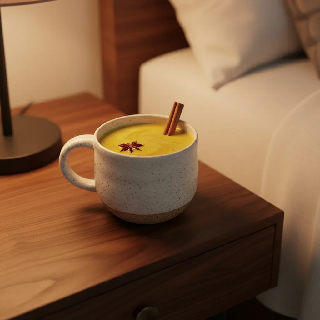Golden turmeric moon milk in a ceramic mug on a walnut nightstand