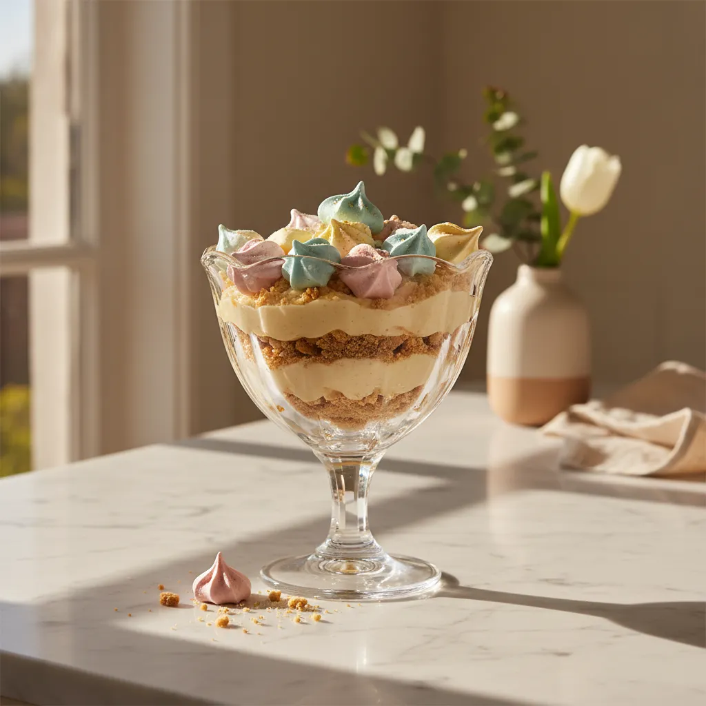 Golden vanilla sand pudding trifle on marble counter with pastel meringue toppings