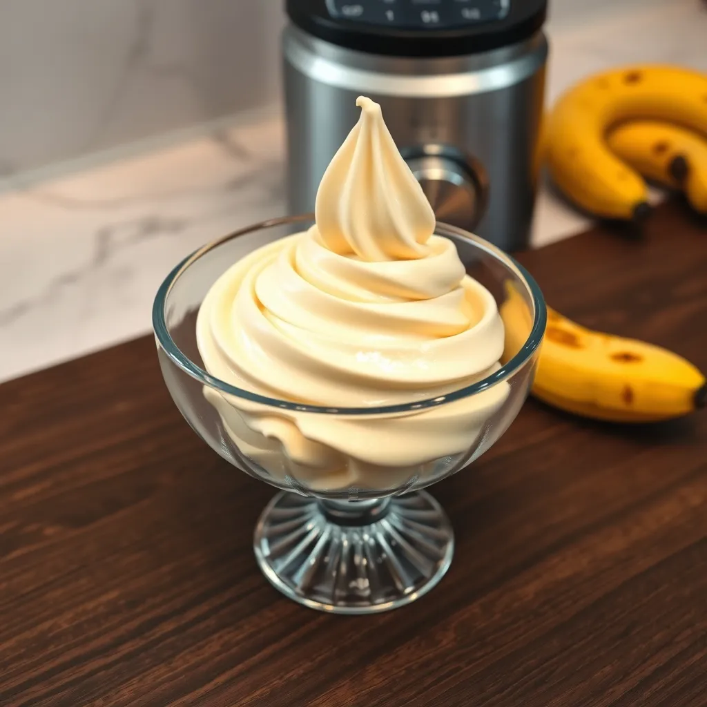 A smooth swirl of homemade banana ice cream in a crystal bowl on a dark wood table.