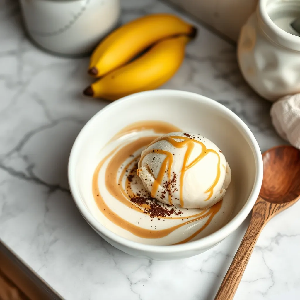 Decadent peanut butter and cocoa swirled banana ice cream in a ceramic bowl on marble