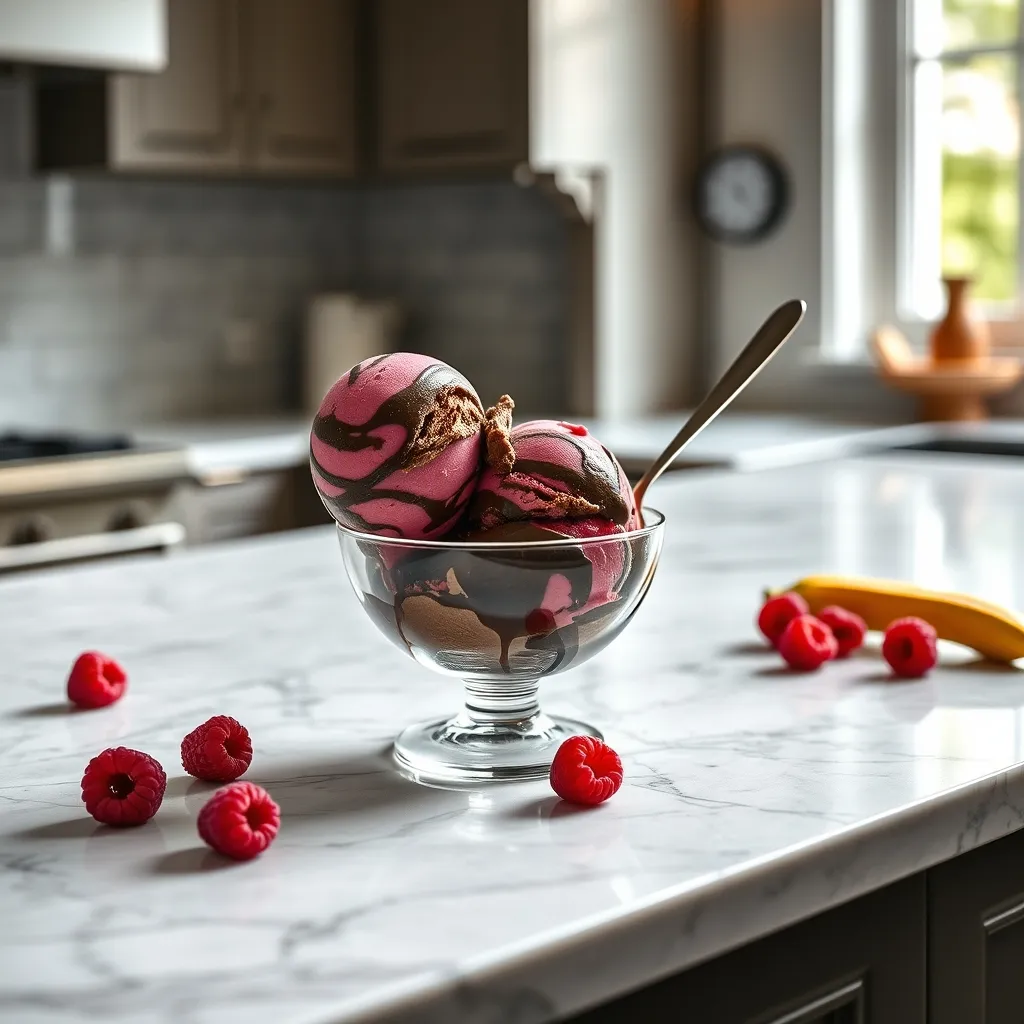 Elegant dark chocolate banana ice cream with raspberry ripple on a marble surface