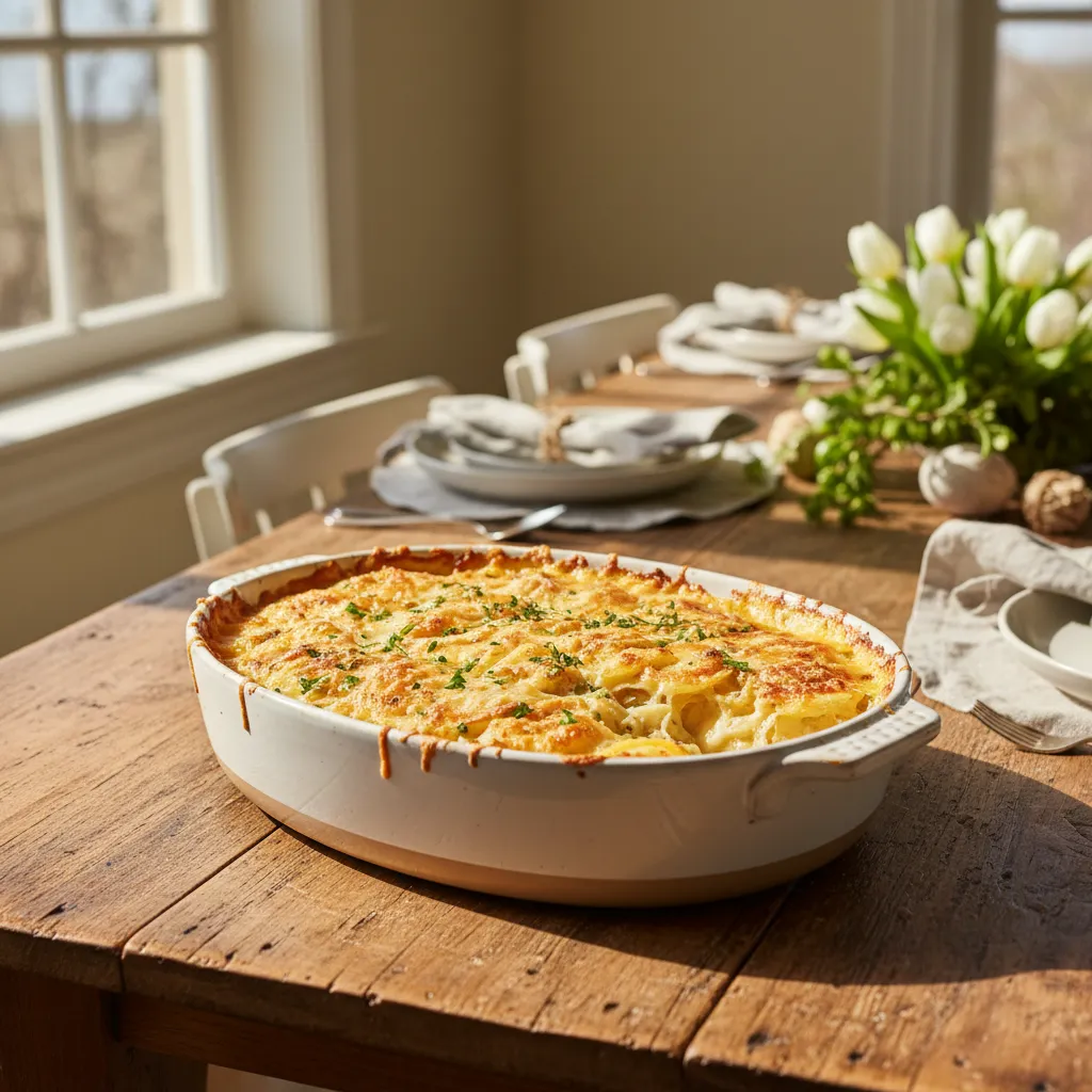 Creamy scalloped potatoes in a white ceramic dish