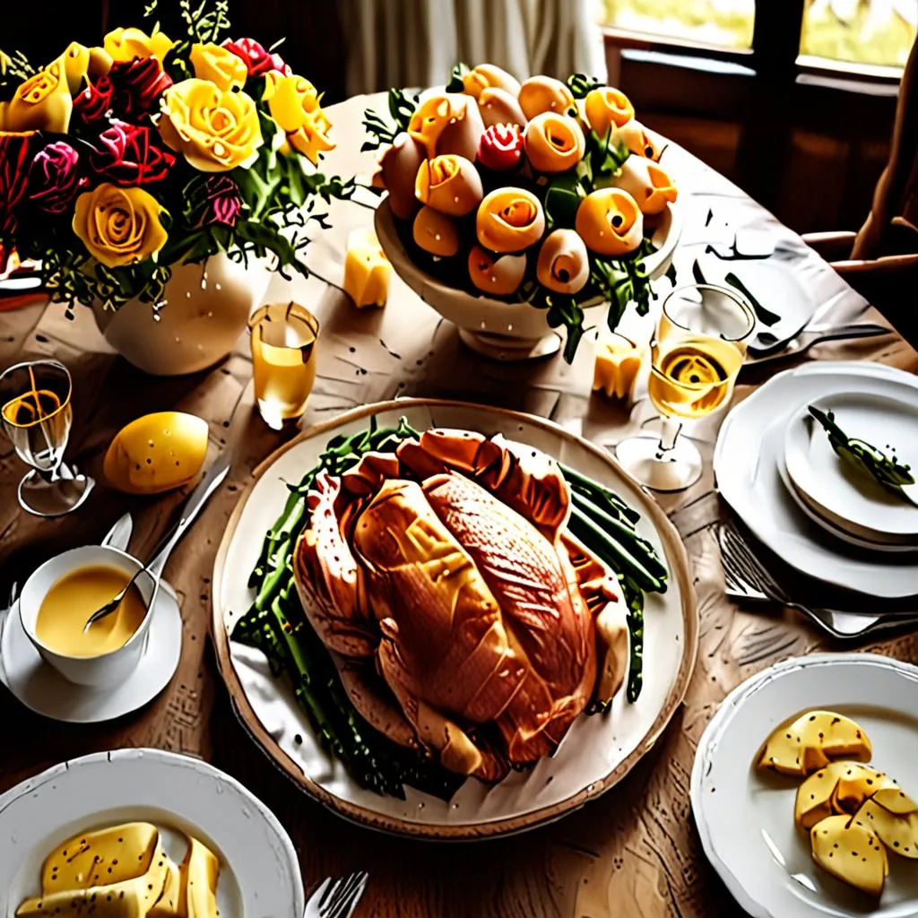 A gourmet spread of cheesy scalloped potatoes and roasted asparagus served alongside a glazed holiday ham on a rustic wooden table.