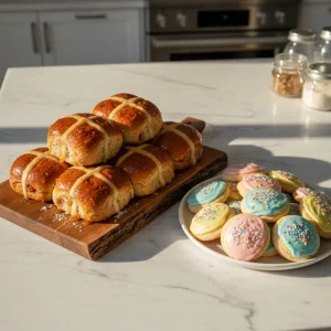 Golden glazed hot cross buns and pastel Italian Easter cookies arranged on a marble kitchen island with natural spring lighting.