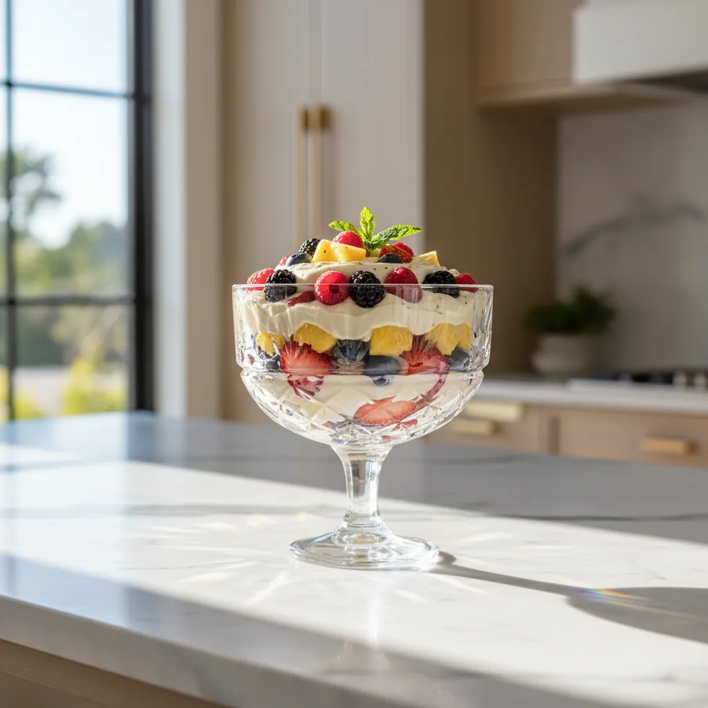 Crystal trifle bowl layered with fresh fruit salad and vanilla bean pudding on a marble countertop
