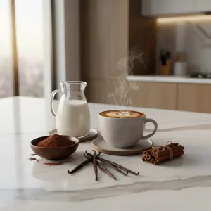 A glass carafe of homemade sugar free low carb coffee creamer on a marble countertop coffee station with vanilla beans and cocoa powder.