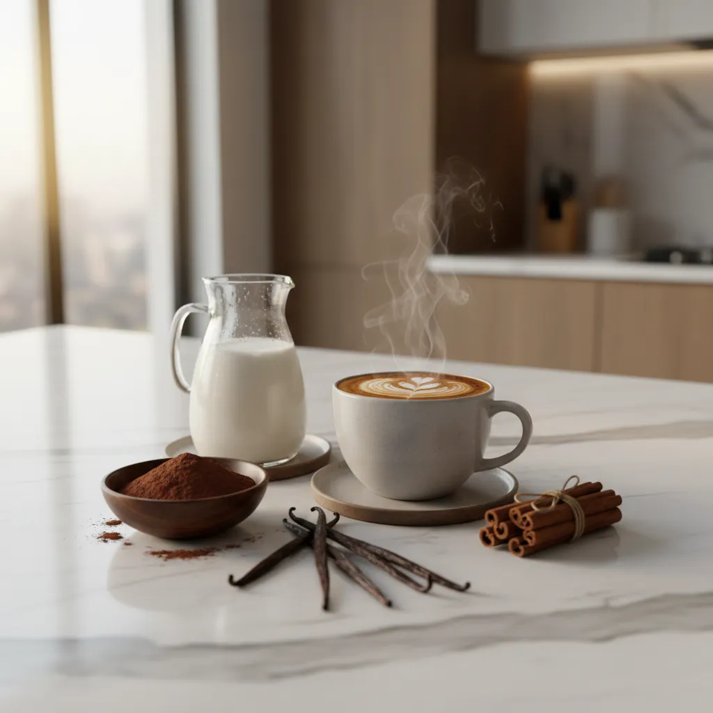 A glass carafe of homemade sugar free low carb coffee creamer on a marble countertop coffee station with vanilla beans and cocoa powder.