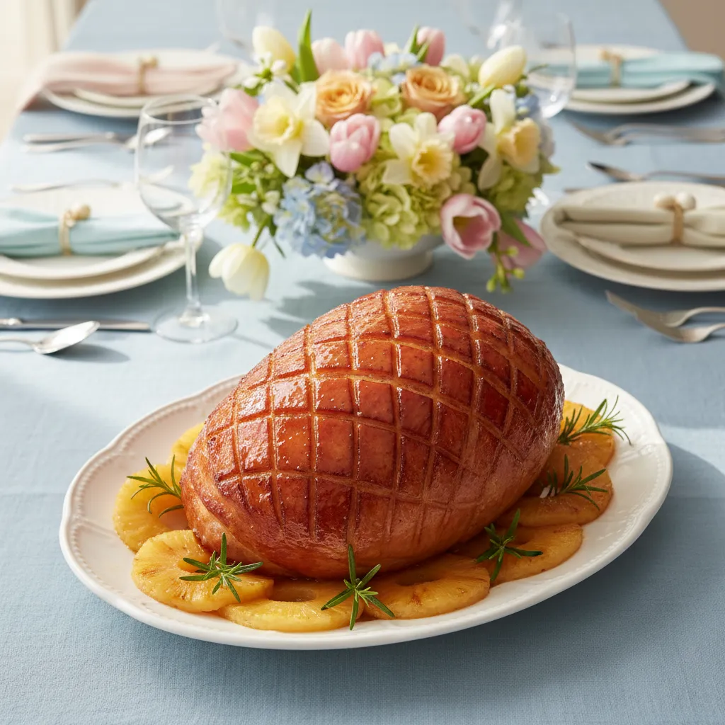 A beautifully glazed spiral ham with pineapple rings and rosemary garnish, serving as a primary Easter lunch main dish idea.