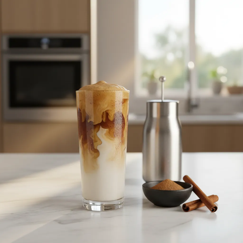 A visually stunning iced brown sugar oat milk shaken espresso showing distinct coffee and milk layers.