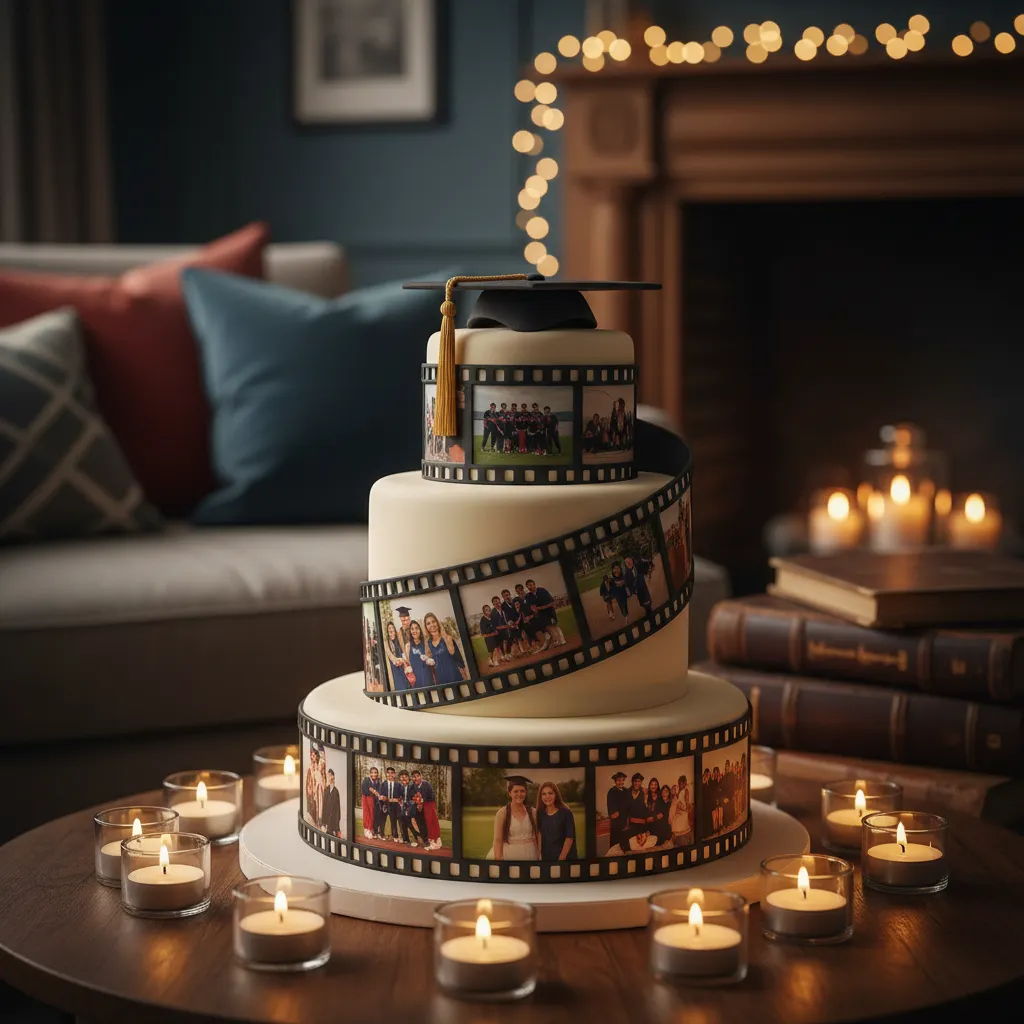 Warm ambient lighting highlighting the textures of a graduation memory cake