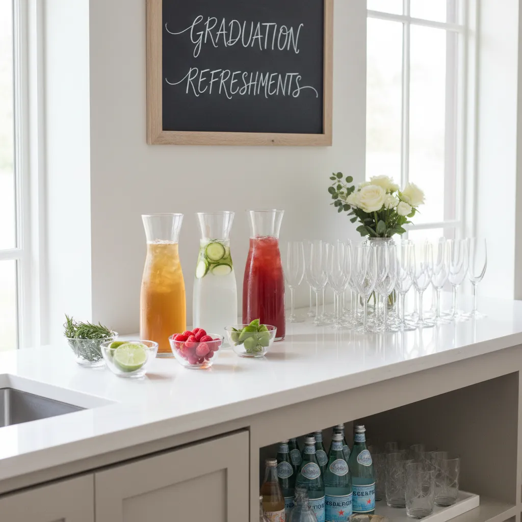 Elegant drink station with glass carafes and garnishes