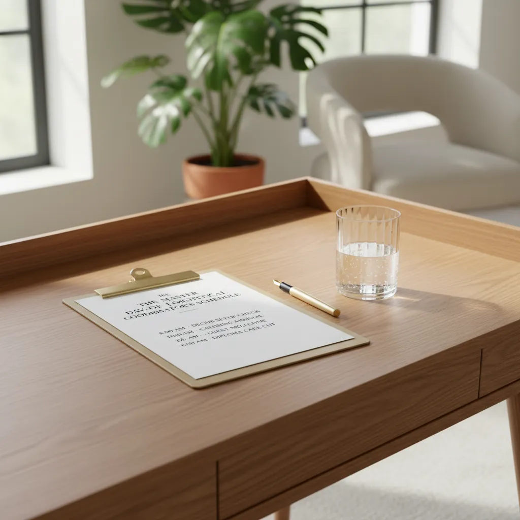 A sophisticated planning desk with a party logistics checklist