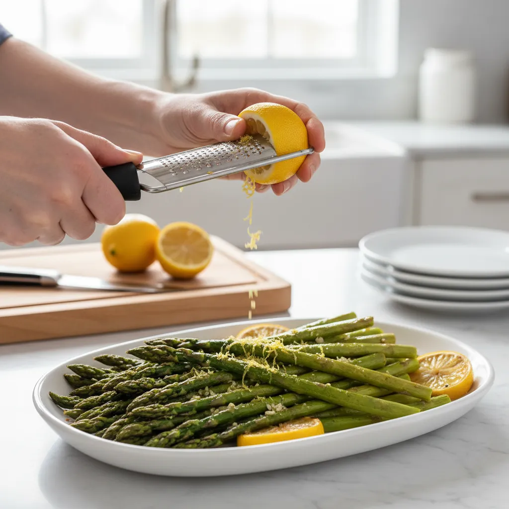 Lemon zest being added to roasted asparagus