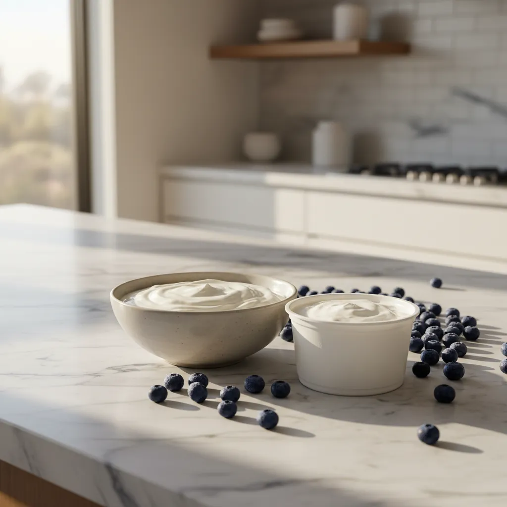Greek yogurt and sour cream on marble counter for lemon blueberry muffins frozen