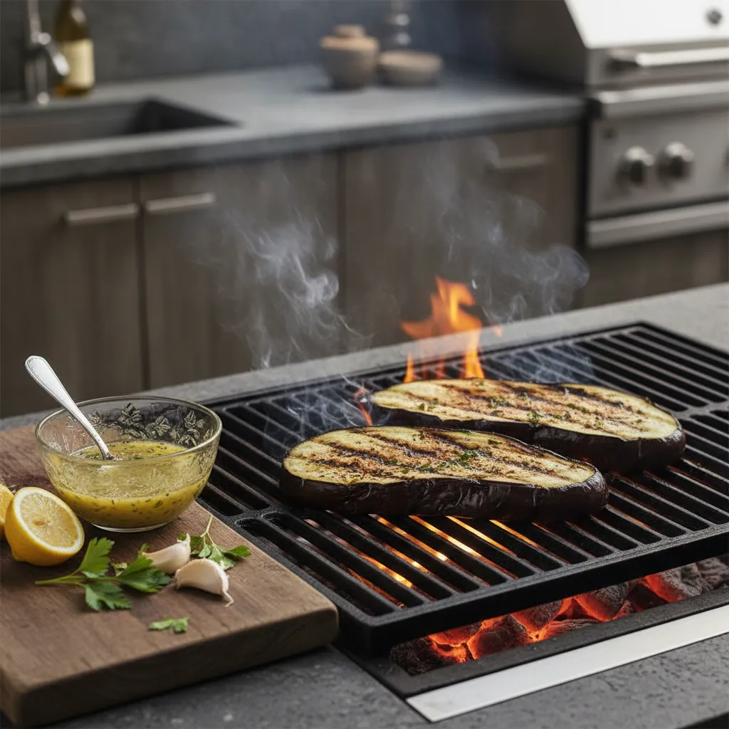 Eggplant steaks on grill grate showing distinct char marks and smoke