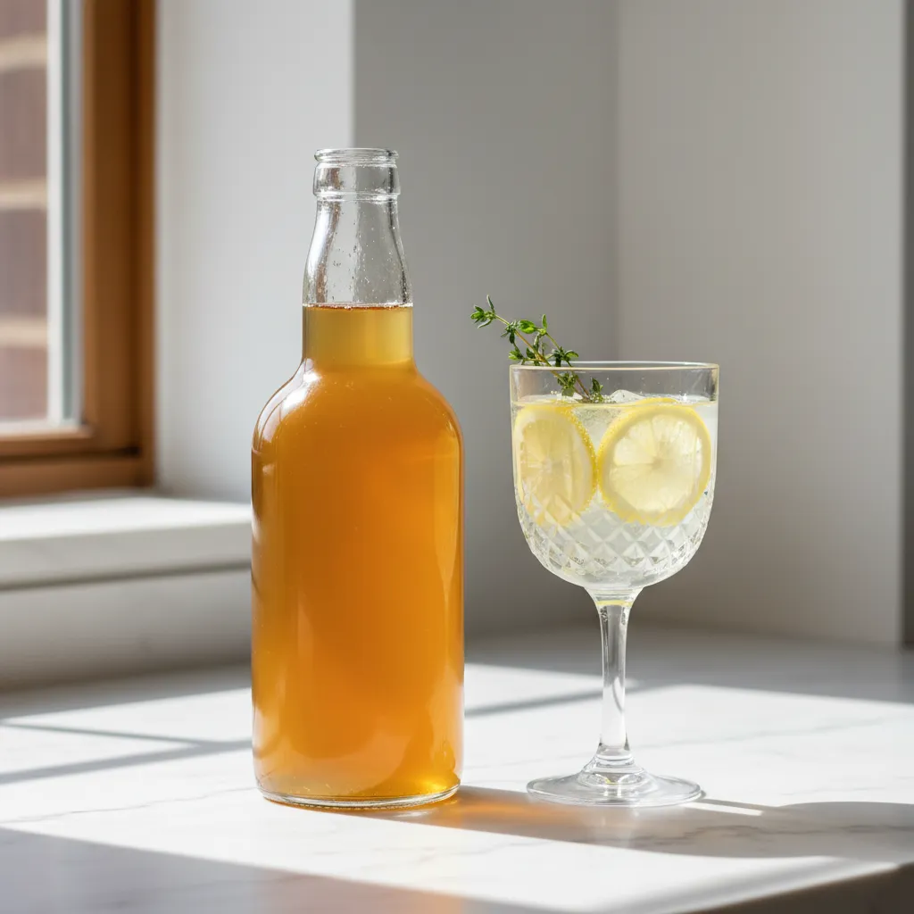 A bottle of thick lemon syrup next to a sparkling non-alcoholic limoncello drink with thyme and lemon zest.