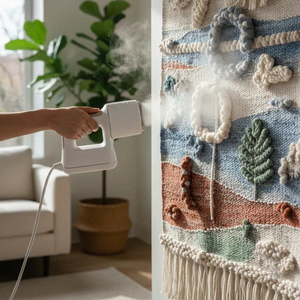 Handheld fabric steamer releasing mist onto a textured woven wall tapestry to remove wrinkles