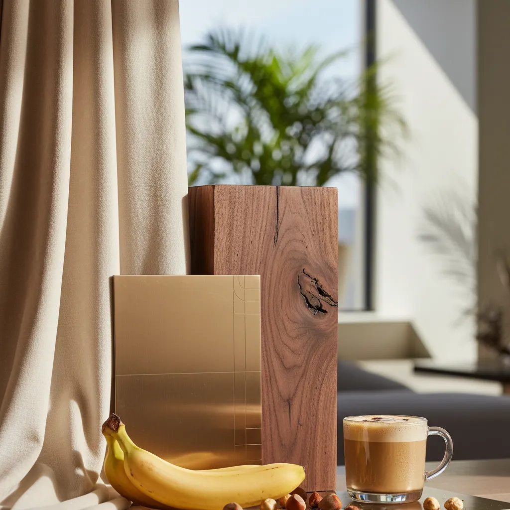 Interior design mood board featuring cream velvet and dark wood textures