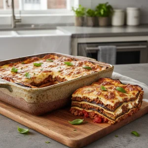 Close-up of structured layers in a keto eggplant lasagna with a golden cheese crust.
