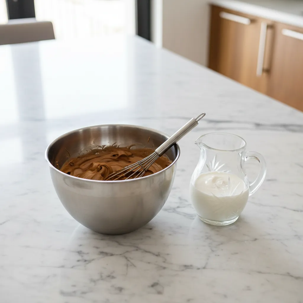 Stiff peaks of coffee foam in a stainless steel bowl on a marble counter