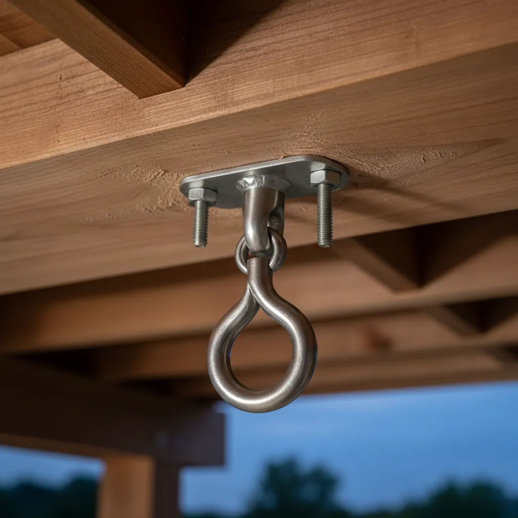 Stainless steel ceiling hook installed in wooden beam for porch swing safety