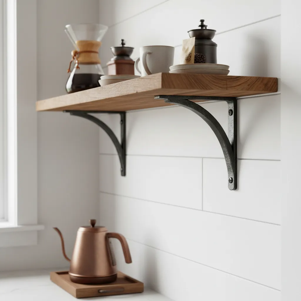 Heavy duty iron brackets supporting a rustic wooden shelf on a wall