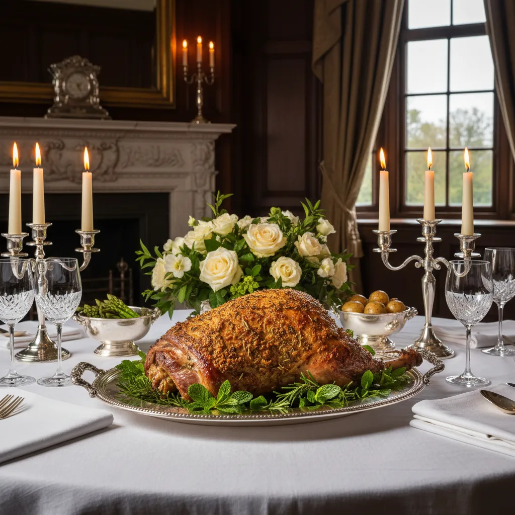 Roasted leg of lamb with fresh herb crust on silver platter for Easter dinner