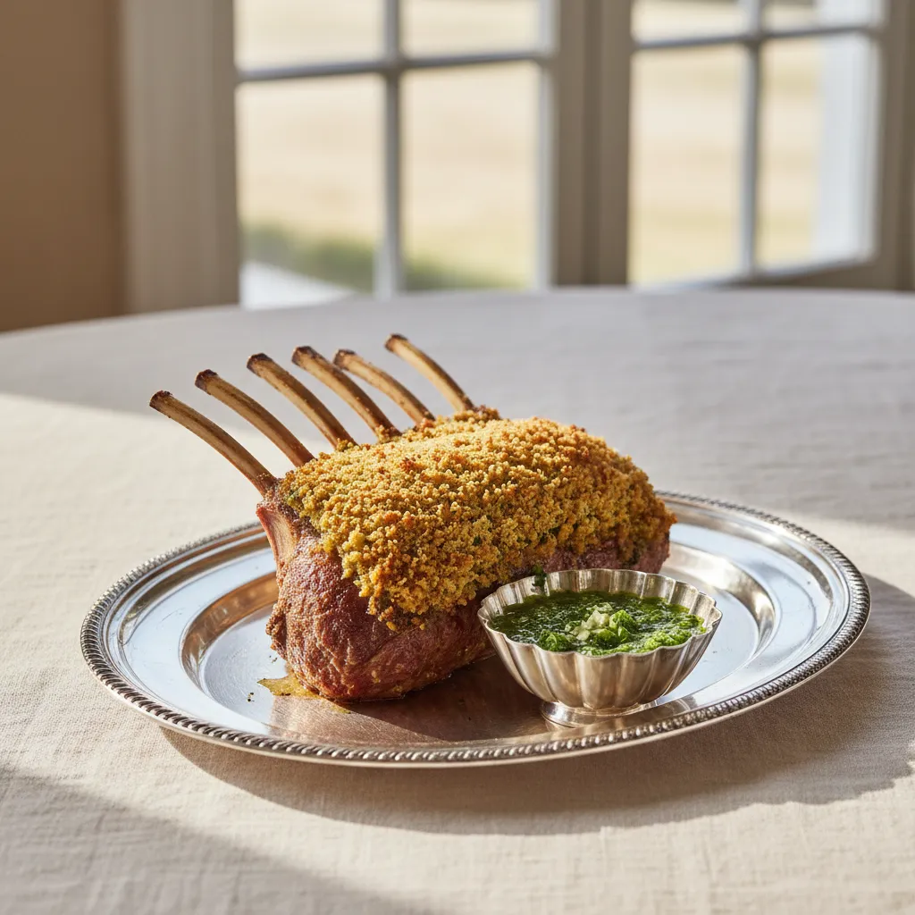 Roasted rack of lamb with herb crust served on a silver platter for Easter lunch
