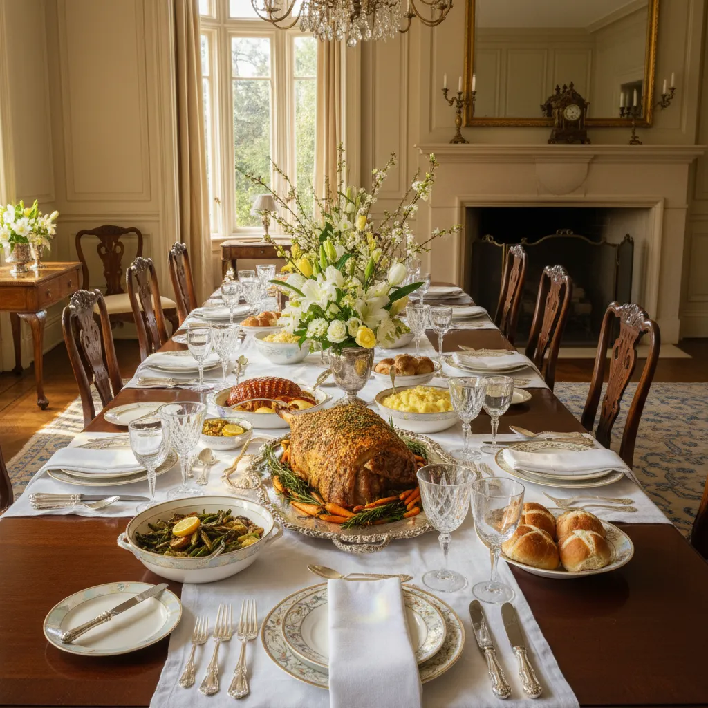 Elegant Easter dining table with heirloom silverware and crystal glassware