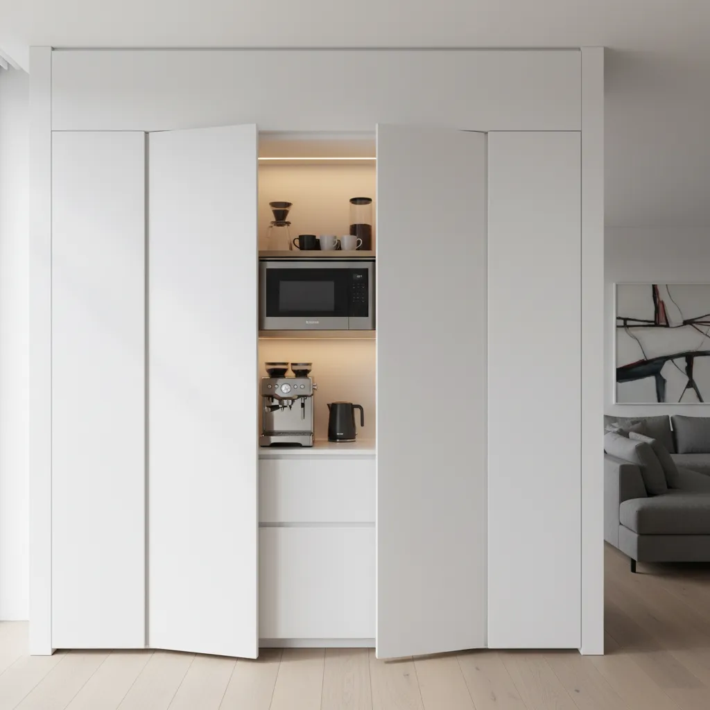 Pocket doors revealing a hidden coffee station in a modern kitchen