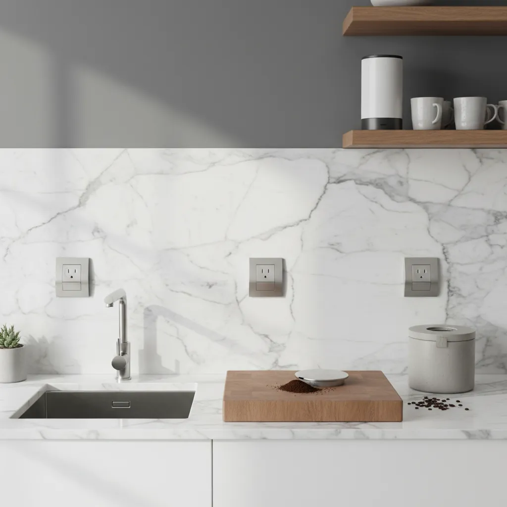 Brushed nickel pop-up electrical outlets embedded in a marble countertop