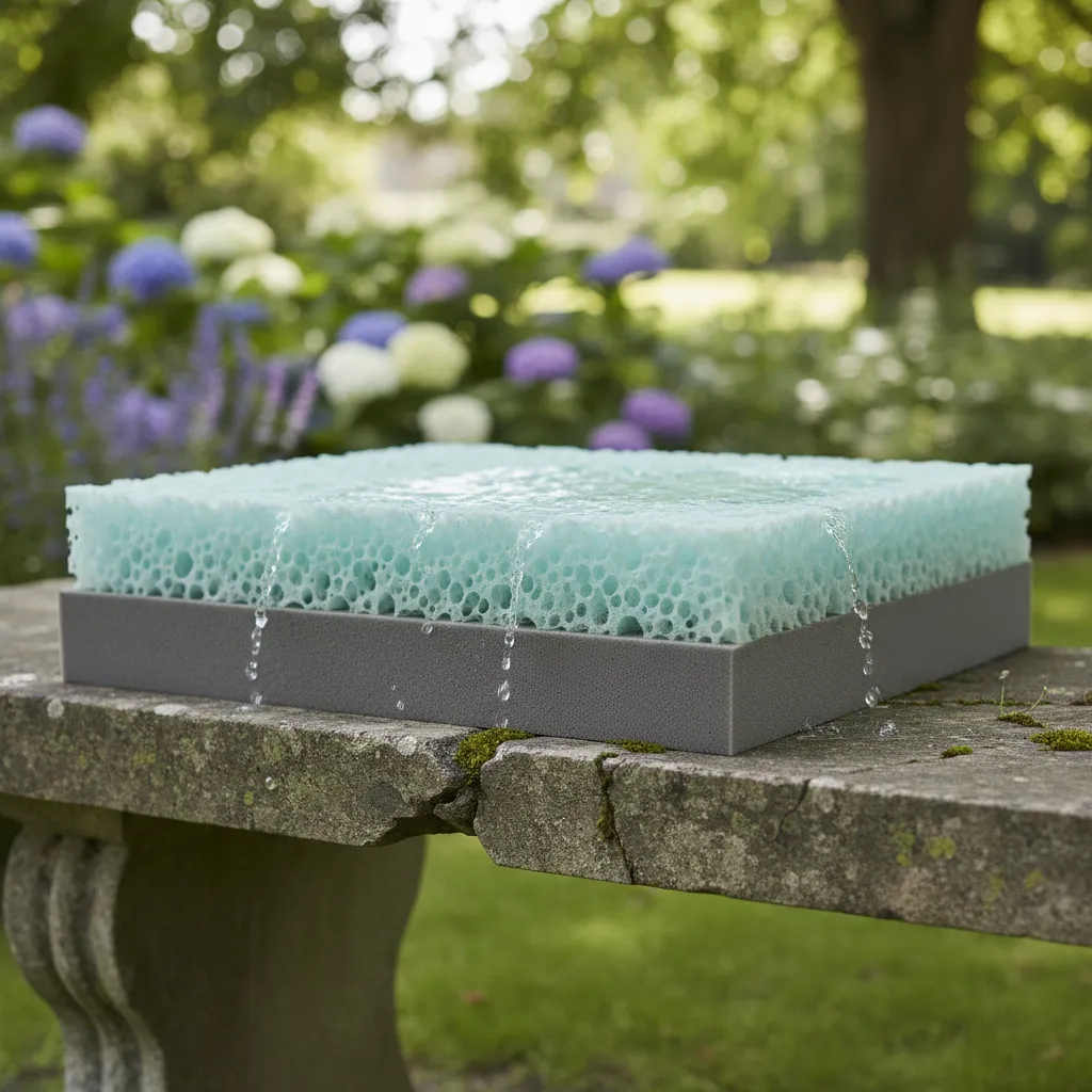Stacked layers of reticulated outdoor foam for swing cushions showing drainage capabilities