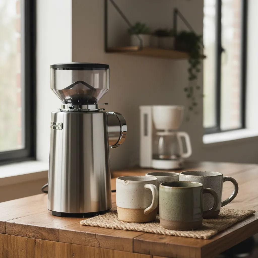 Premium coffee grinder displayed next to handmade ceramic mugs
