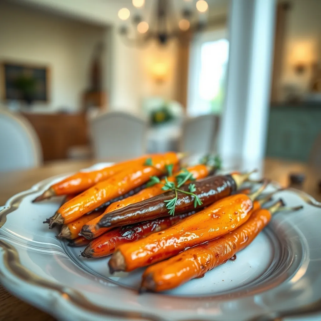 Glistening roasted rainbow carrots with honey and thyme