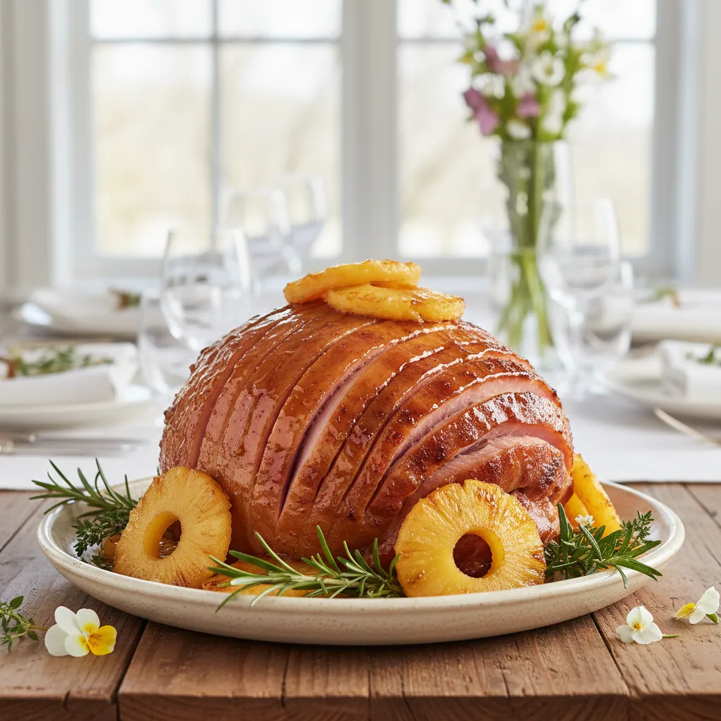 Golden honey glazed ham garnished with fresh pineapple rings and herbs on a festive Easter dining table