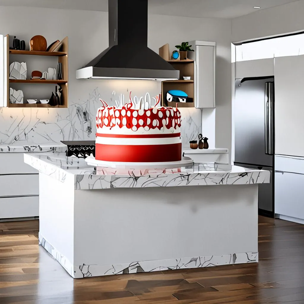 A stylish kitchen island featuring a humorous high school graduation cake with edible paper decorations.