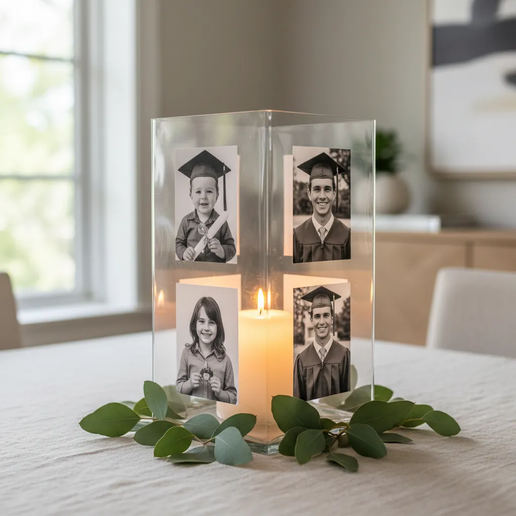 Glowing glass vase centerpiece featuring vintage childhood photos of the graduate for a sentimental table display