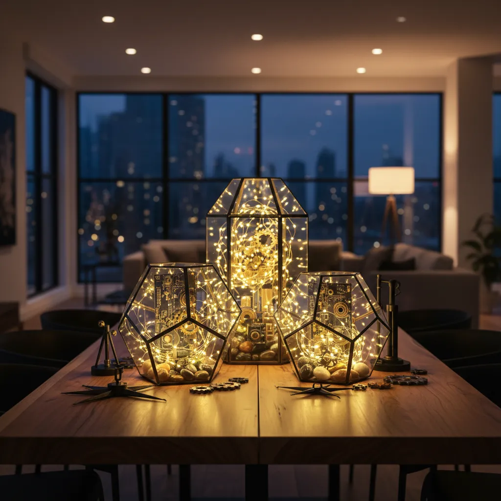 Geometric terrarium glowing with fairy lights at a dinner party