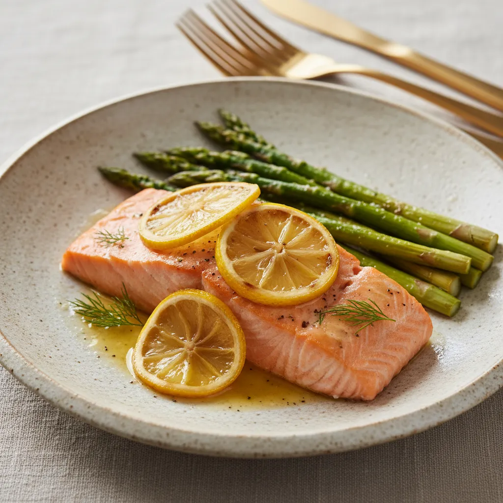 Plated salmon and asparagus on textured stoneware with gold cutlery