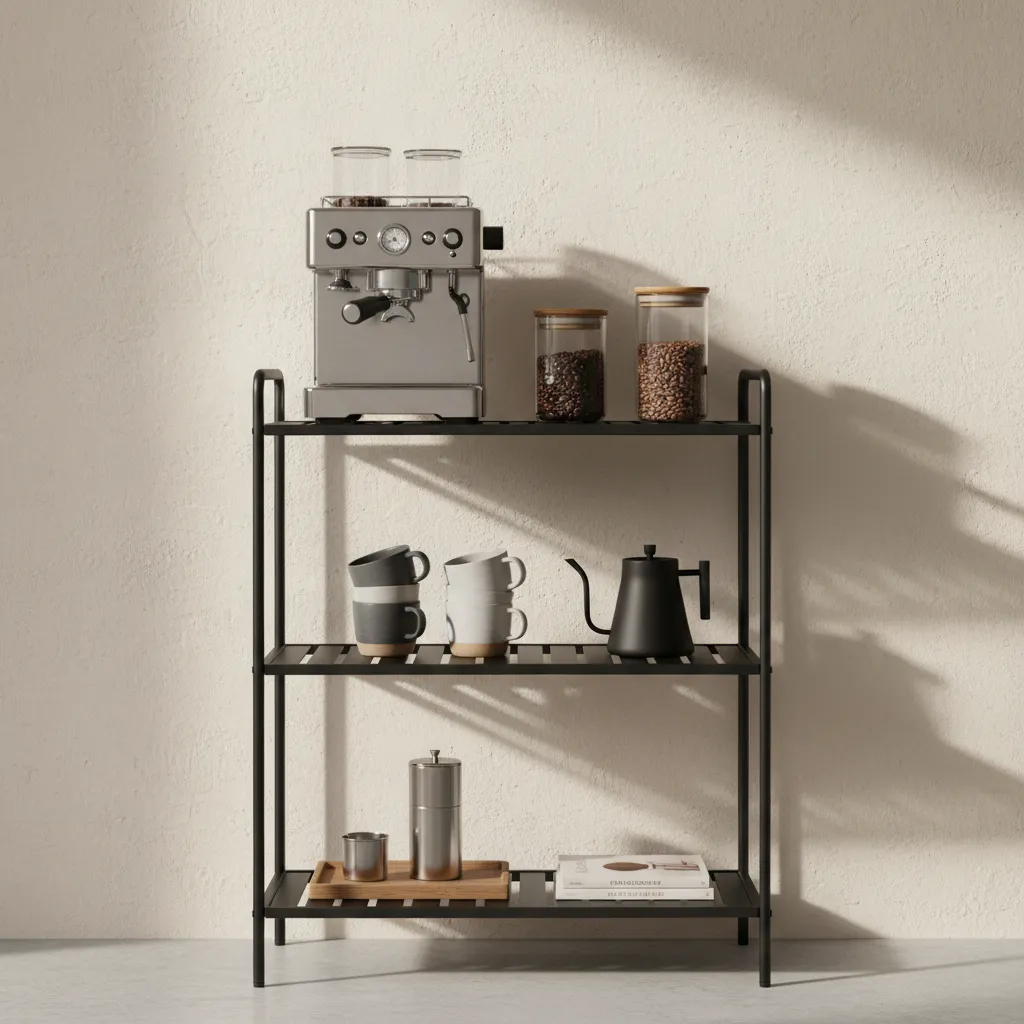 Black metal bakers rack styled as a home coffee bar with espresso machine and glass storage jars