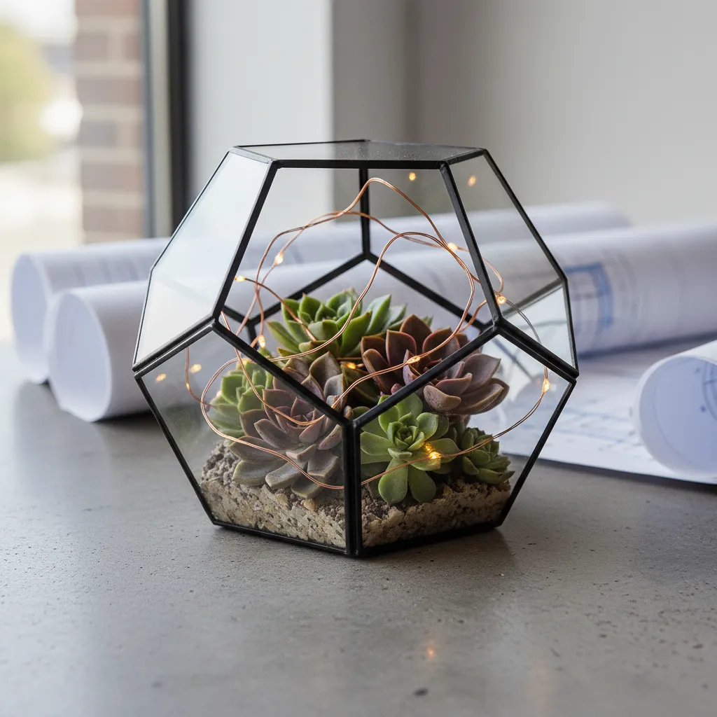 Faceted glass terrarium with succulents and copper lights on a concrete table