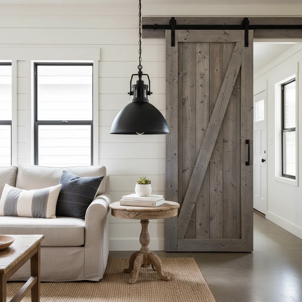 Matte black industrial light fixture and sliding barn door hardware