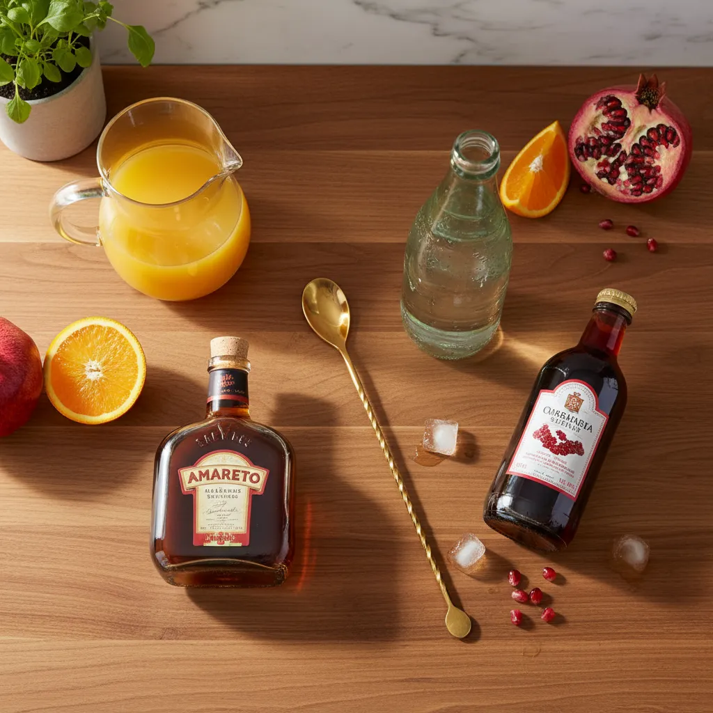 Flat lay of amaretto orange juice and sparkling water ingredients for cocktail making