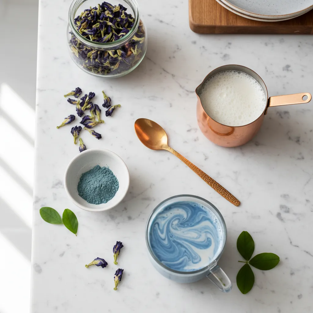 Dried butterfly pea flowers and frothed milk ingredients