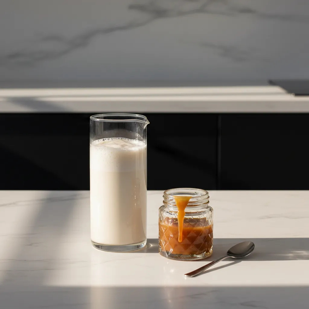 Frothed milk and caramel syrup ingredients displayed on a marble kitchen counter