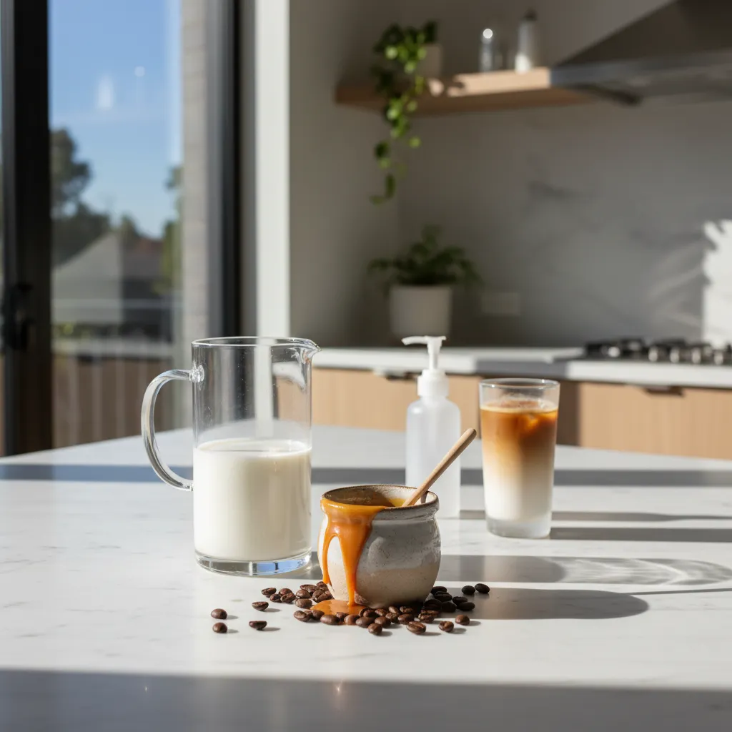 Skim milk and caramel sauce ingredients for healthy coffee