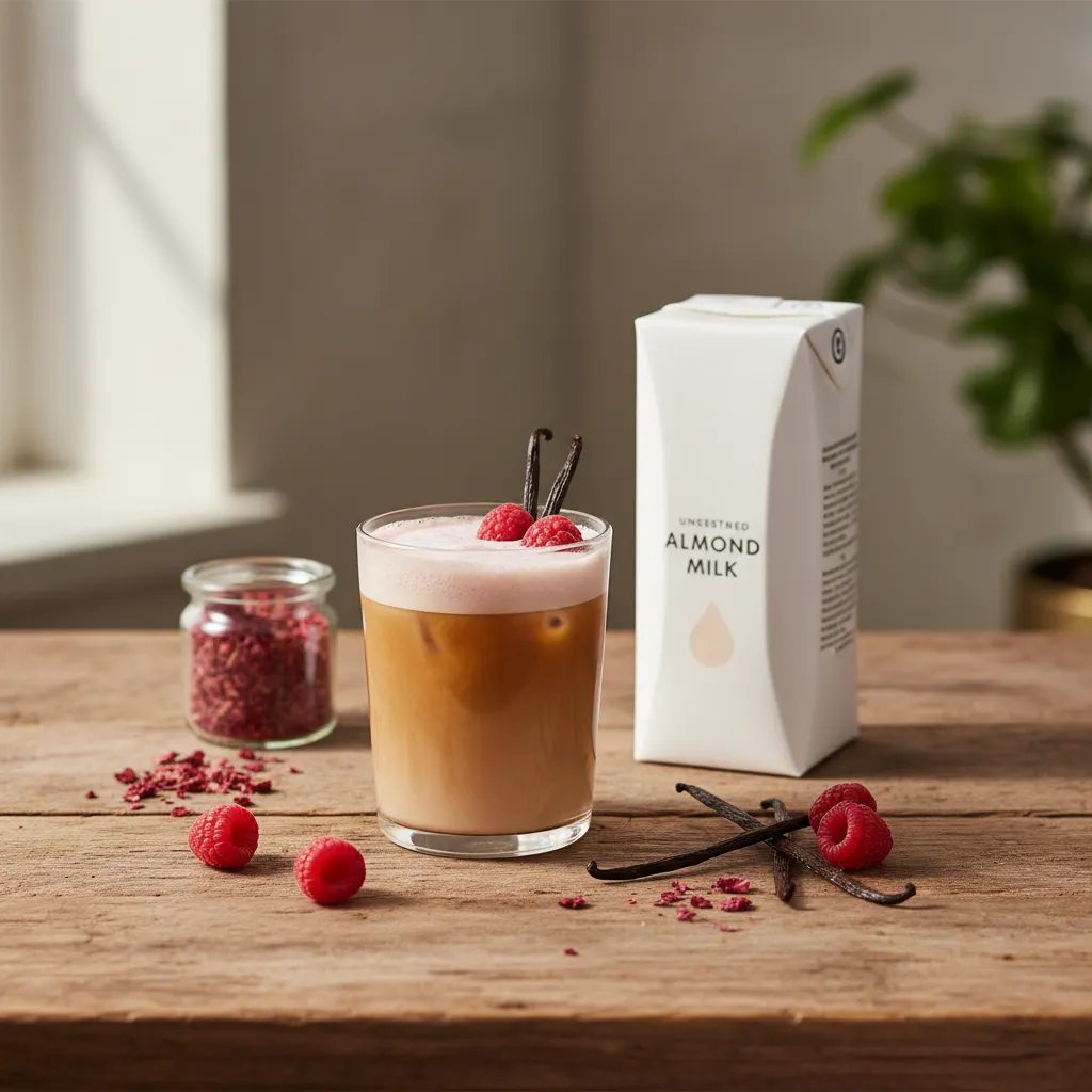 Flat lay of almond milk vanilla bean and iced coffee ingredients on wood table